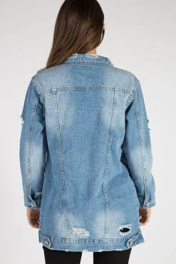 Rebellious Fashion Light Denim Oversized Distressed Denim Jacket - Tilly