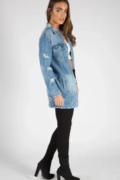 Rebellious Fashion Light Denim Oversized Distressed Denim Jacket - Tilly