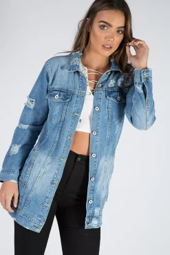 Rebellious Fashion Light Denim Oversized Distressed Denim Jacket - Tilly