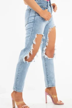 Rebellious Fashion Light Extreme Rip Boyfriend Jeans - Mazy