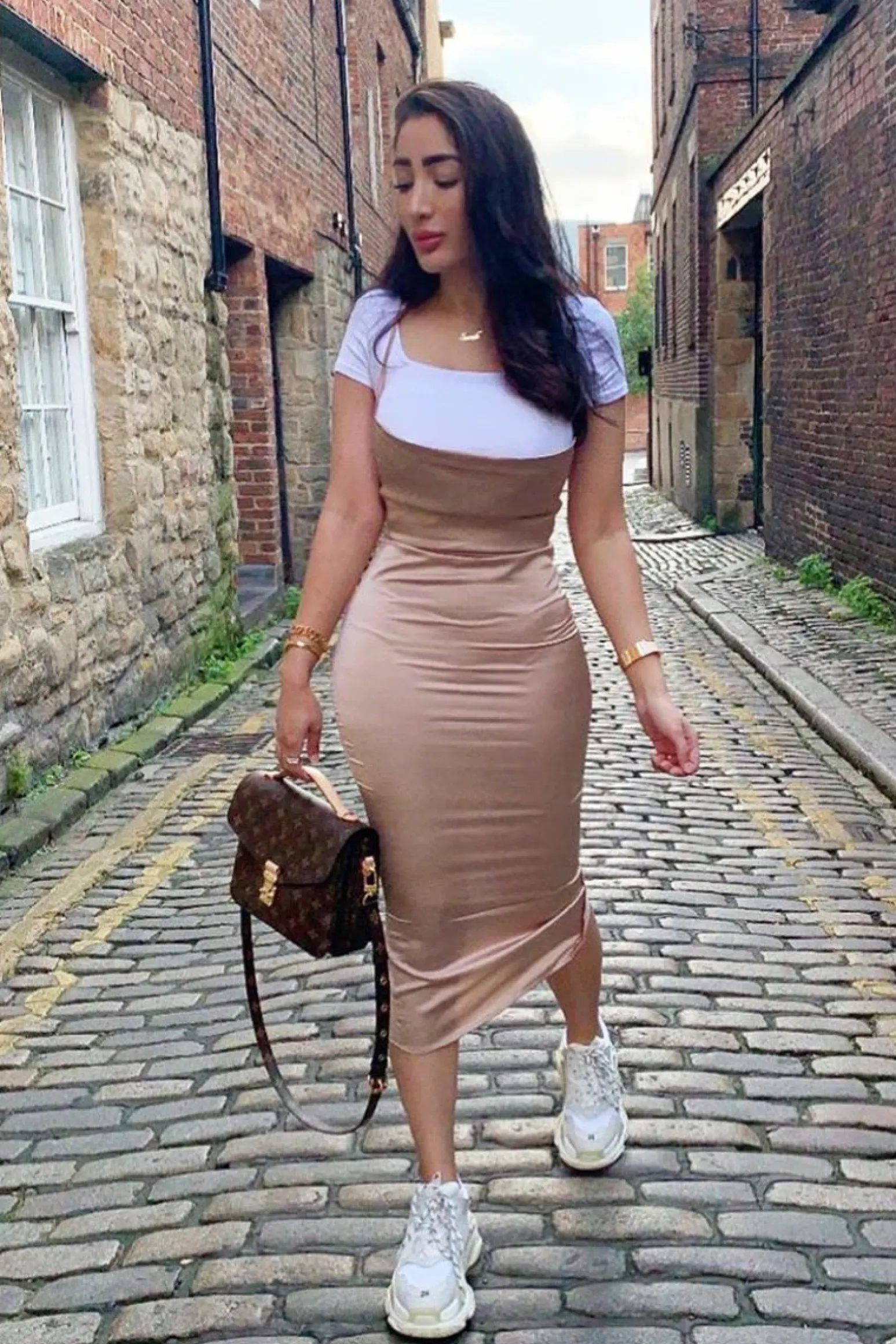 Rebellious Fashion Light Gold Satin Cowl Neck Midi Bodycon Dress - Liliana
