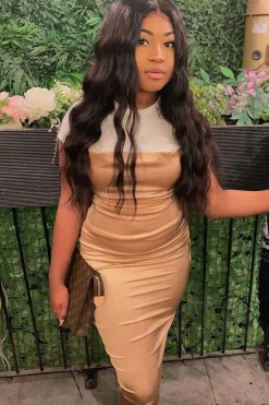 Rebellious Fashion Light Gold Satin Cowl Neck Midi Bodycon Dress - Liliana