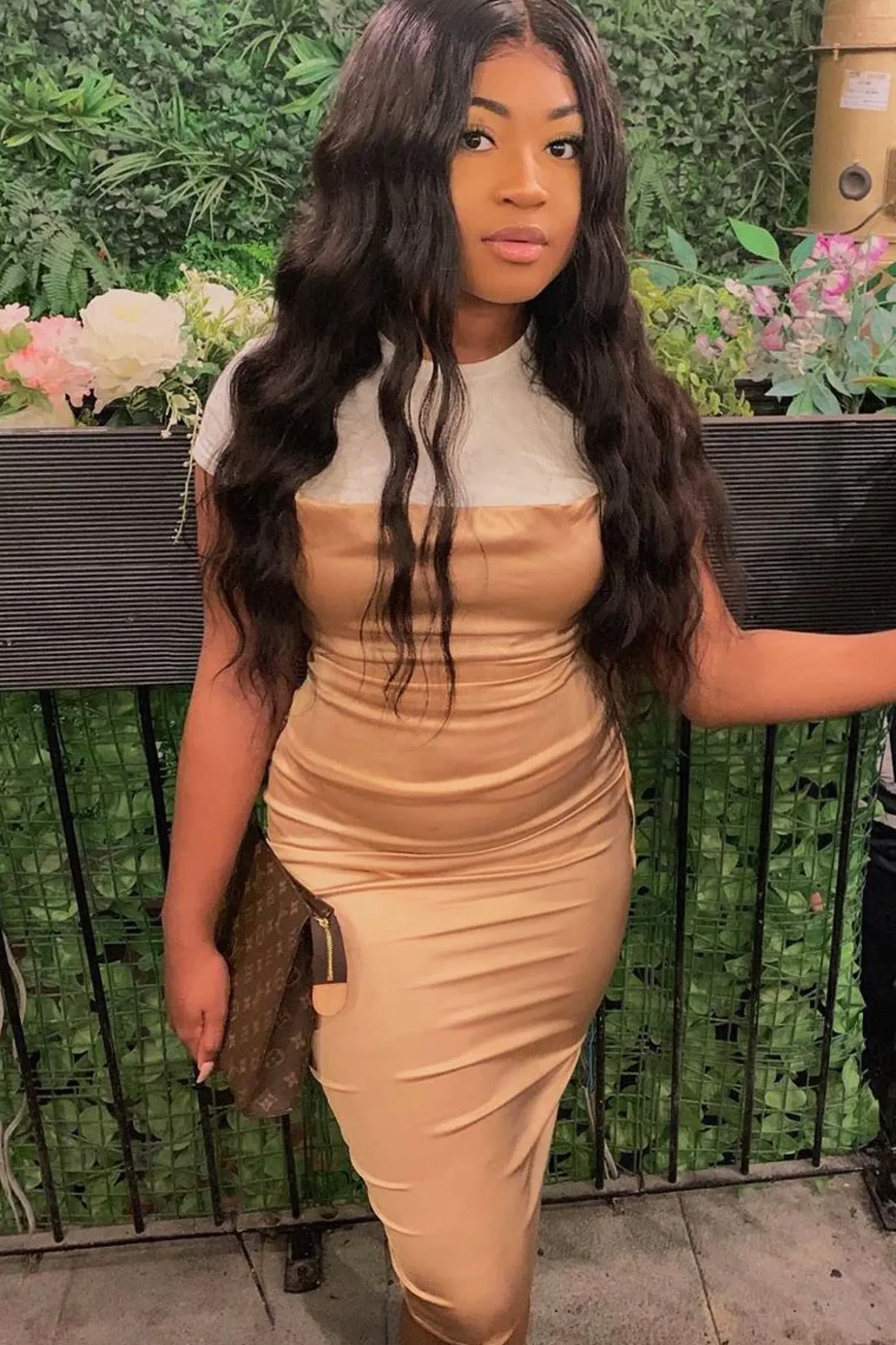 Rebellious Fashion Light Gold Satin Cowl Neck Midi Bodycon Dress - Liliana