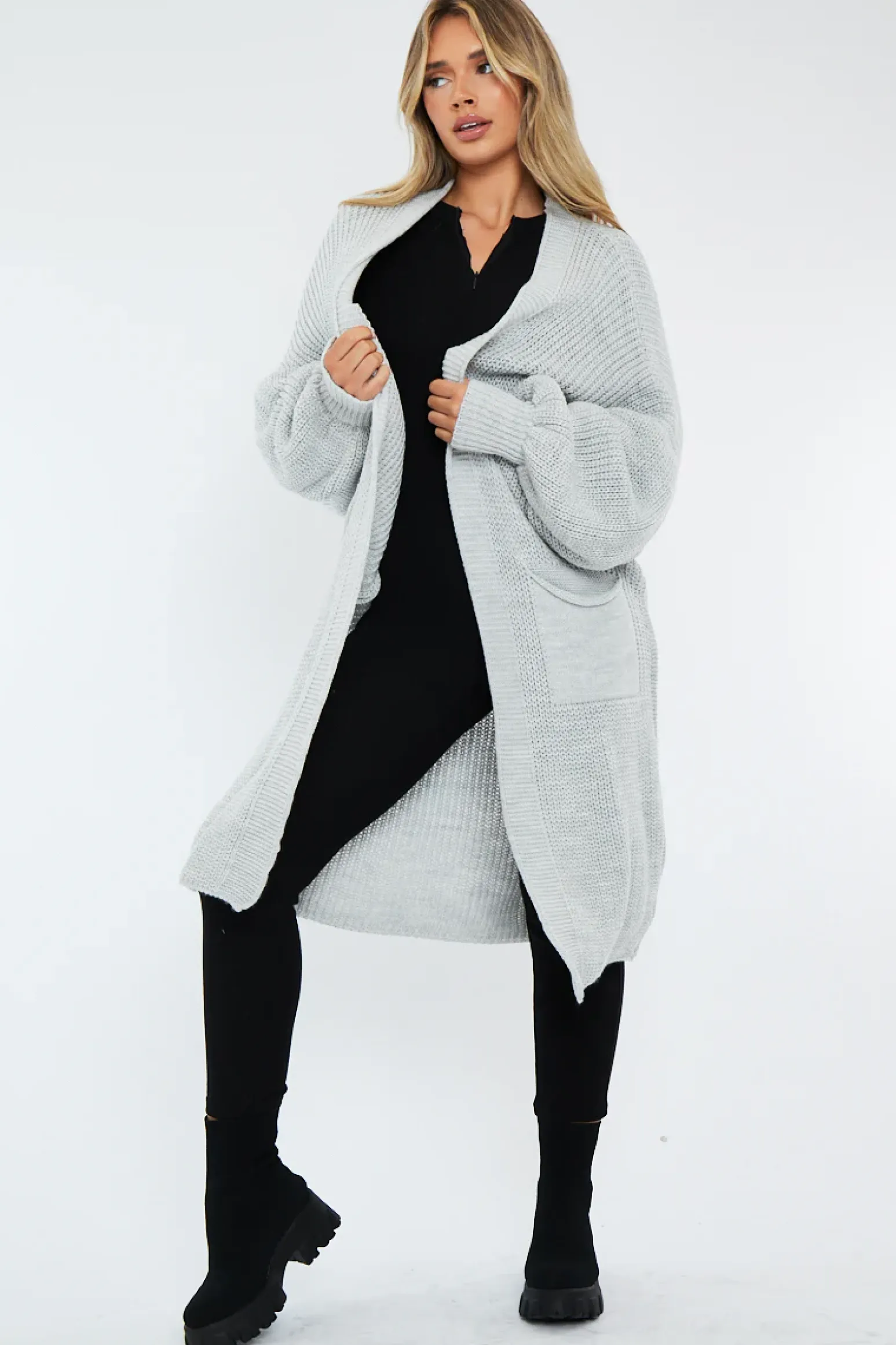 Rebellious Fashion Light Grey Balloon Sleeve Maxi Knit Cardigan - Imara