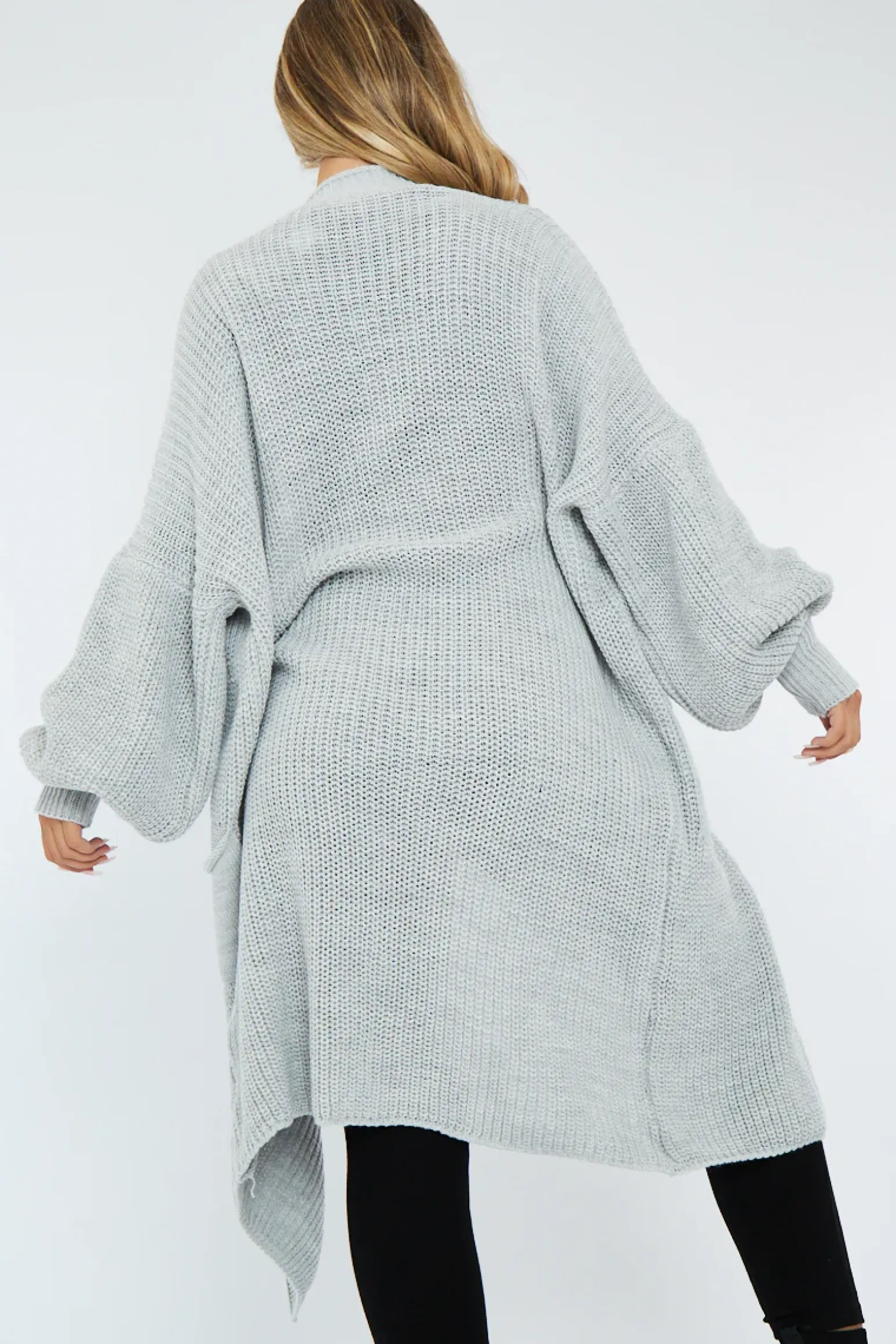 Rebellious Fashion Light Grey Balloon Sleeve Maxi Knit Cardigan - Imara