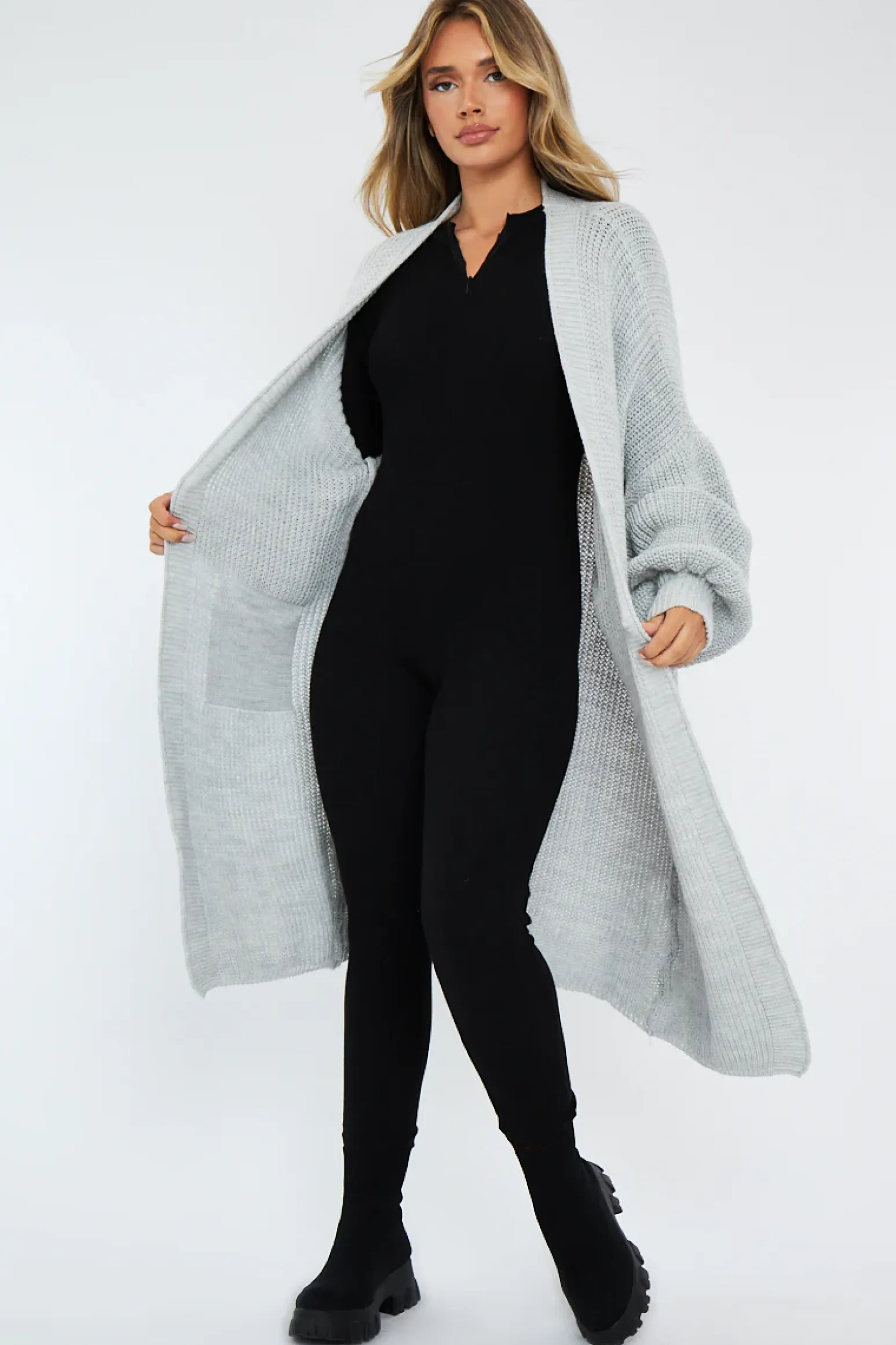 Rebellious Fashion Light Grey Balloon Sleeve Maxi Knit Cardigan - Imara