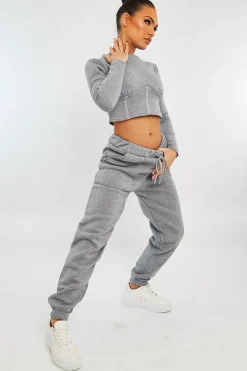Rebellious Fashion Light Grey Corset Crop Top Joggers Co-ord - Daisy