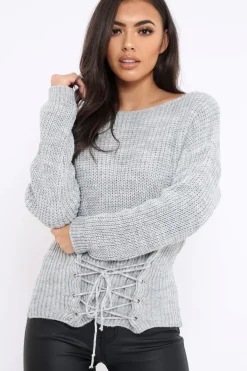 Rebellious Fashion Light Grey Corset Waist Knitted Jumper - Elizabeth
