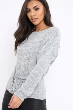Rebellious Fashion Light Grey Corset Waist Knitted Jumper - Elizabeth