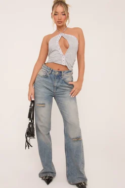 Rebellious Fashion Light Grey Eyelet Halter Top - Glenda