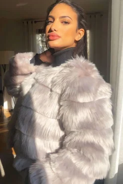 Rebellious Fashion Light Grey Faux Fur Jacket - Estelle