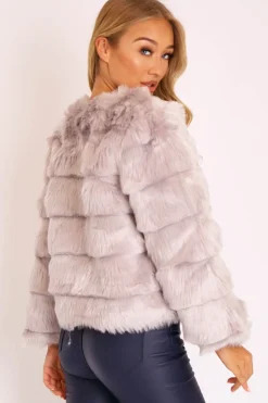 Rebellious Fashion Light Grey Faux Fur Jacket - Estelle