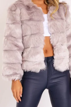 Rebellious Fashion Light Grey Faux Fur Jacket - Estelle