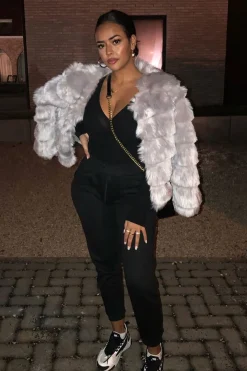 Rebellious Fashion Light Grey Faux Fur Jacket - Estelle