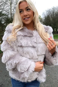 Rebellious Fashion Light Grey Faux Fur Jacket - Estelle