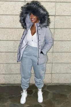 Rebellious Fashion Light Grey Fur Trim Adjustable Waist Puffer Coat - Rossie