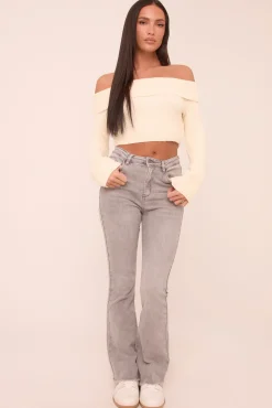 Rebellious Fashion Light Grey High Waist Kick Flare Frayed Hem Denim Jeans - Aspen