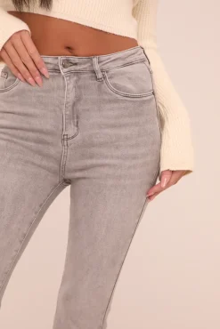 Rebellious Fashion Light Grey High Waist Kick Flare Frayed Hem Denim Jeans - Aspen