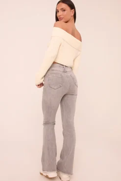 Rebellious Fashion Light Grey High Waist Kick Flare Frayed Hem Denim Jeans - Aspen