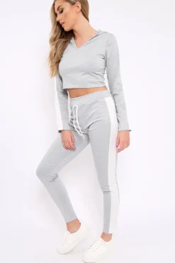 Rebellious Fashion Light Grey Hoodie and Joggers Side Stripe Loungewear Set - Dora
