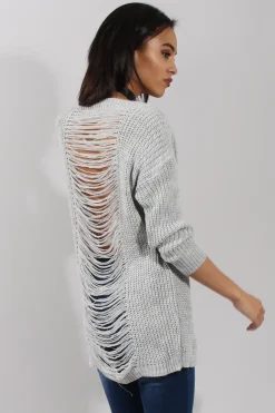 Rebellious Fashion Light Grey Knitted Distressed Back Jumper Dress - Cara