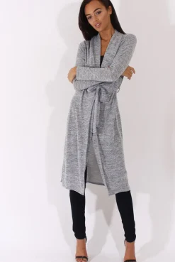 Rebellious Fashion Light Grey Long Line Tied Waist Cardigan - Portia