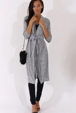 Rebellious Fashion Light Grey Long Line Tied Waist Cardigan - Portia