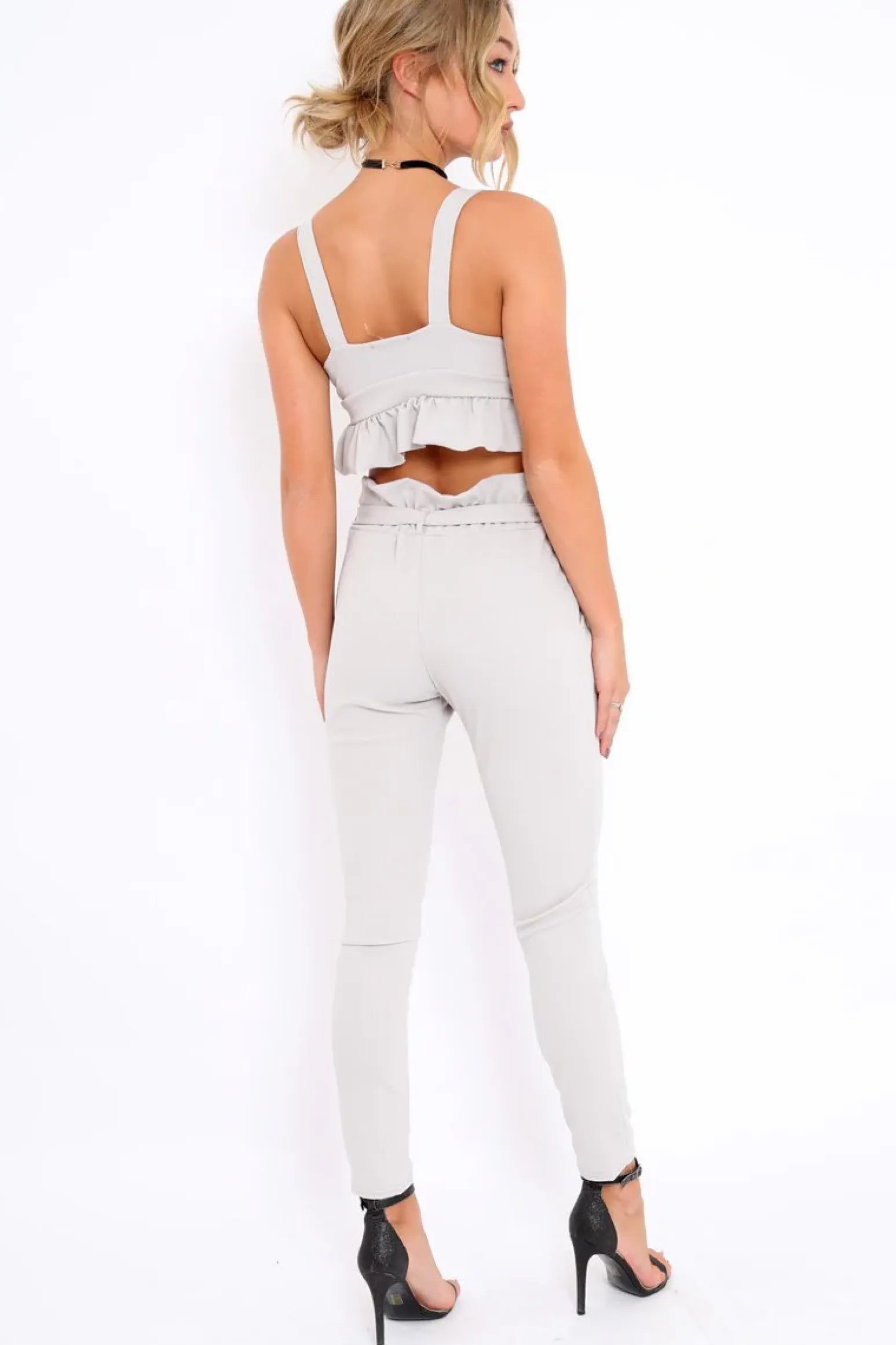 Rebellious Fashion Light Grey Paper Bag Tie Waist Cigarette Trousers - Karmen