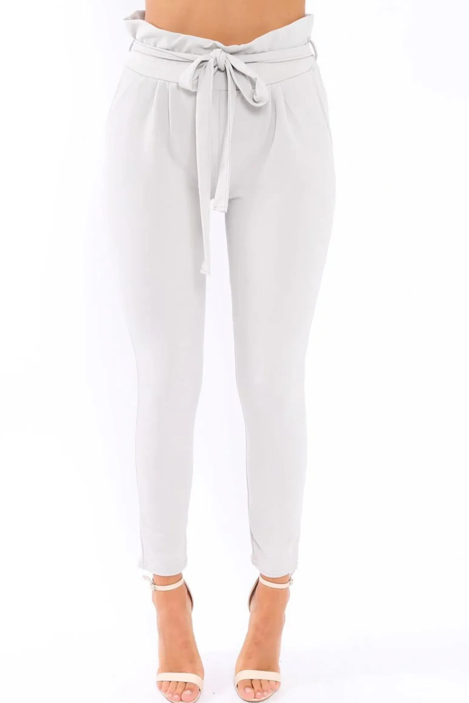Rebellious Fashion Light Grey Paper Bag Tie Waist Cigarette Trousers - Karmen
