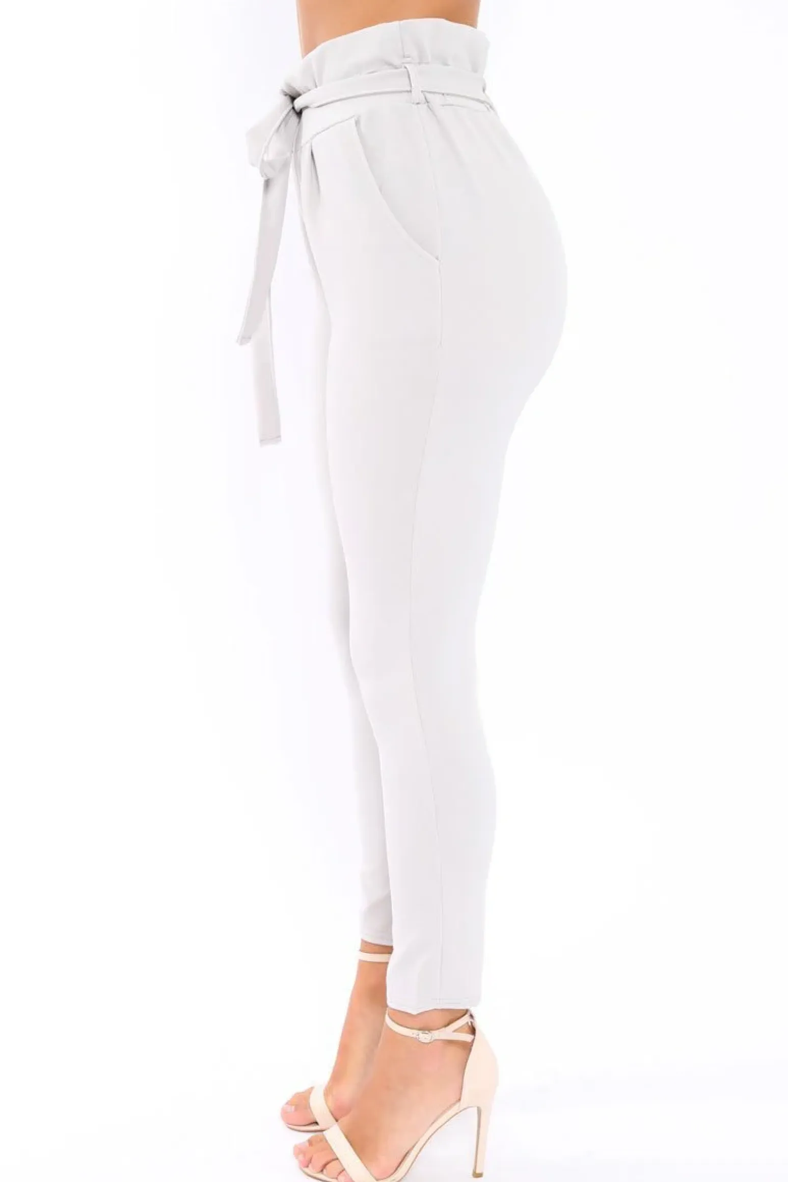 Rebellious Fashion Light Grey Paper Bag Tie Waist Cigarette Trousers - Karmen