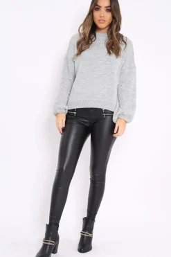 Rebellious Fashion Light Grey Puff Sleeve Pearl Chunky Knit Jumper - Nancie