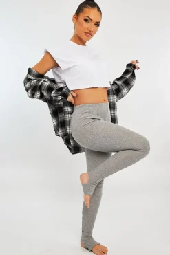 Rebellious Fashion Light Grey Ribbed Fabric Stirrup Leggings - Jayne