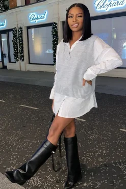 Rebellious Fashion Light Grey Shirt Insert Knit Vest Top - Caris