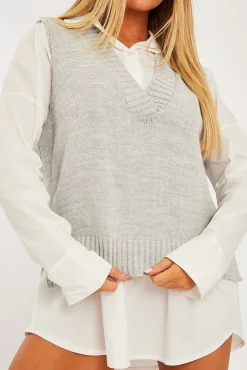 Rebellious Fashion Light Grey Shirt Insert Knit Vest Top - Caris