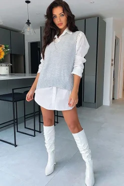 Rebellious Fashion Light Grey Shirt Insert Knit Vest Top - Caris