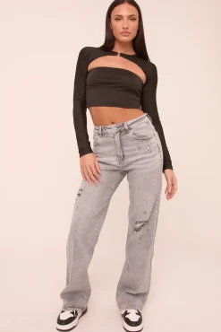 Rebellious Fashion Light Grey Stretch Distressed Mid Waist Straight Leg Jeans - Helena