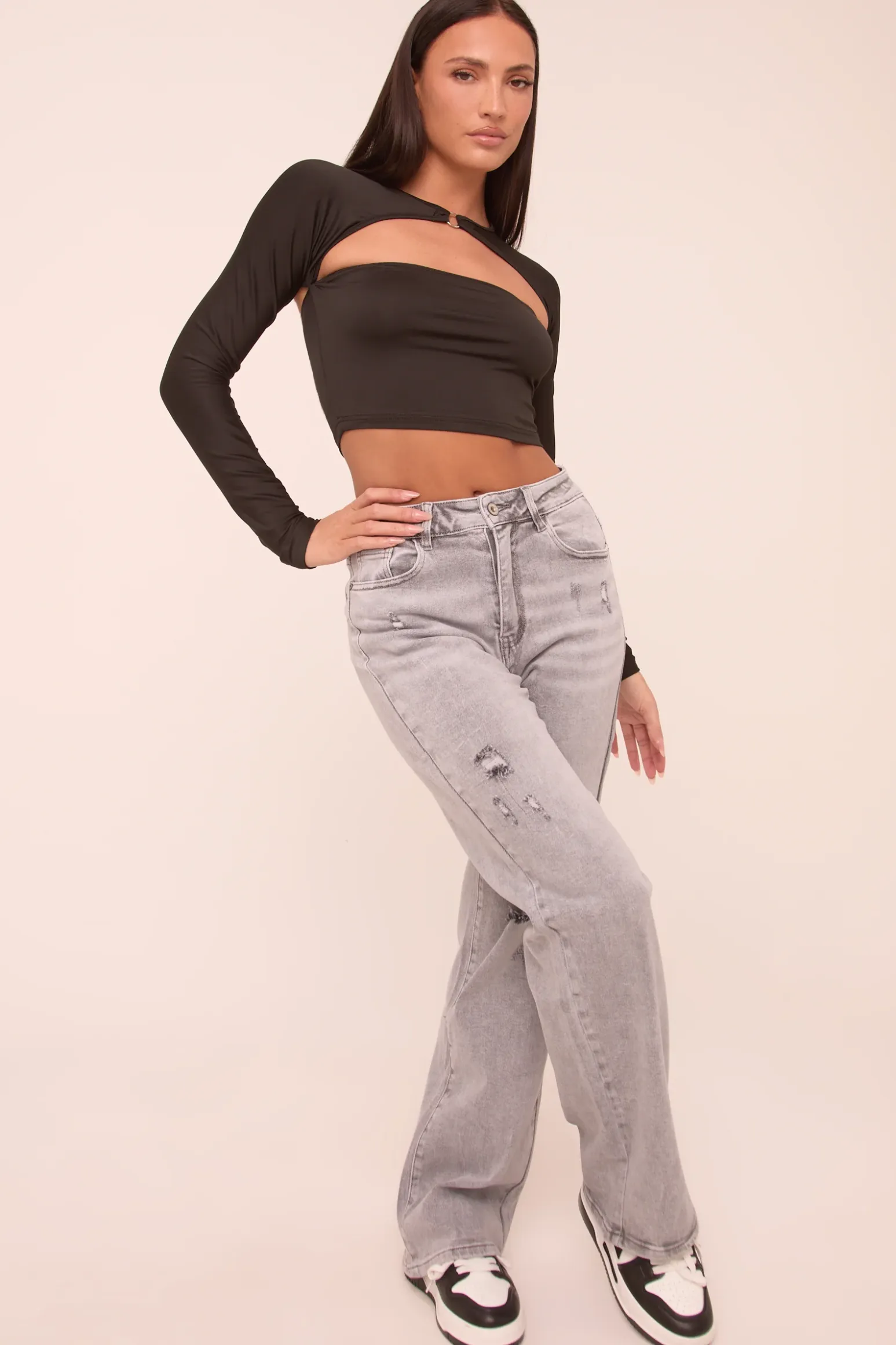 Rebellious Fashion Light Grey Stretch Distressed Mid Waist Straight Leg Jeans - Helena