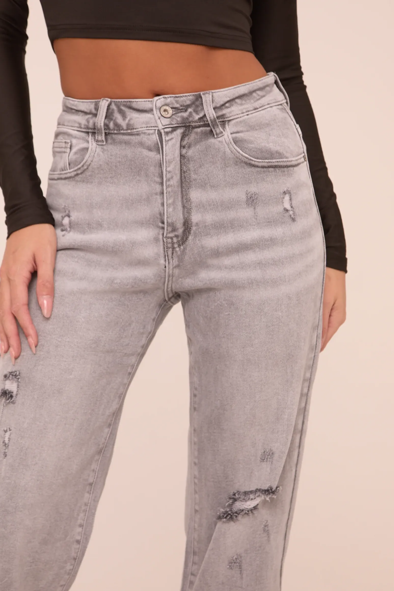 Rebellious Fashion Light Grey Stretch Distressed Mid Waist Straight Leg Jeans - Helena
