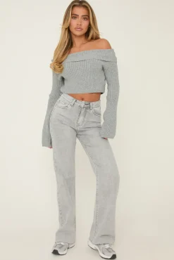 Rebellious Fashion Light Grey Stretch Straight Leg Frayed Hem Jeans - Scarlett