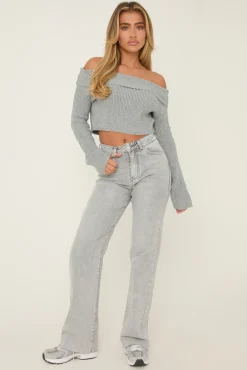 Rebellious Fashion Light Grey Stretch Straight Leg Frayed Hem Jeans - Scarlett