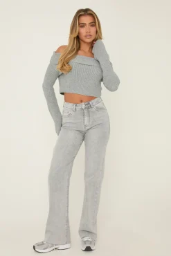 Rebellious Fashion Light Grey Stretch Straight Leg Frayed Hem Jeans - Scarlett
