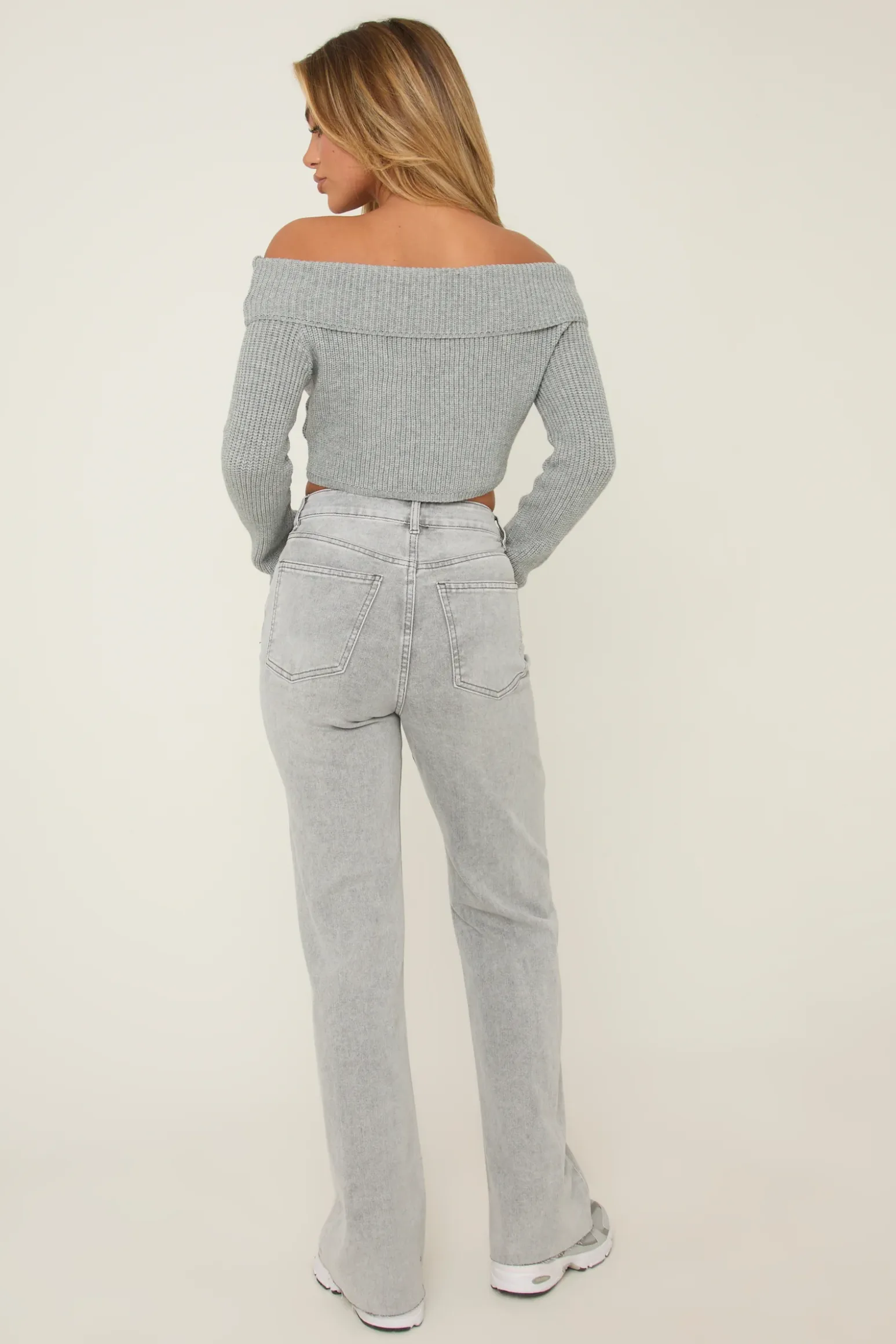 Rebellious Fashion Light Grey Stretch Straight Leg Frayed Hem Jeans - Scarlett