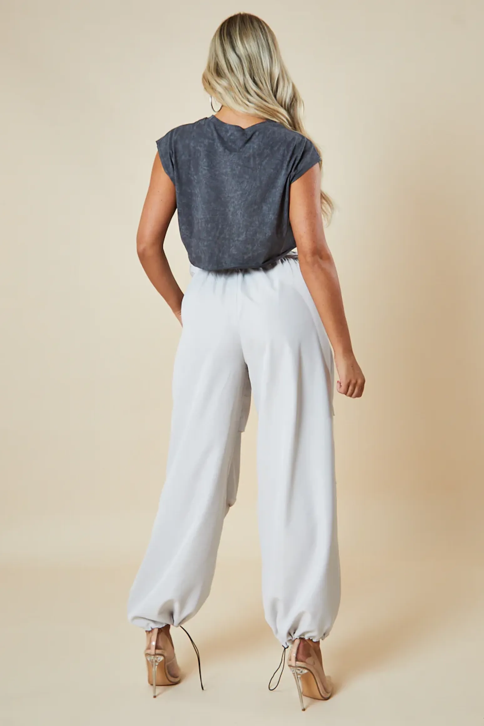 Rebellious Fashion Light Grey Toggle Detail Parachute Cargo Trousers - Sadako