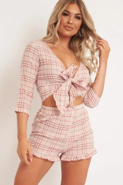 Rebellious Fashion Light Pink Checked Crop Top and Frill Shorts - Vesa