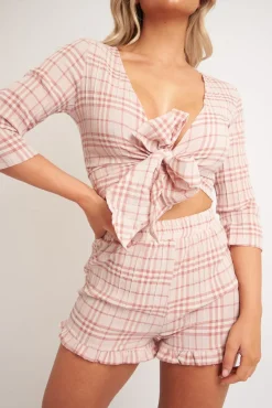 Rebellious Fashion Light Pink Checked Crop Top and Frill Shorts - Vesa