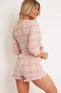 Rebellious Fashion Light Pink Checked Crop Top and Frill Shorts - Vesa