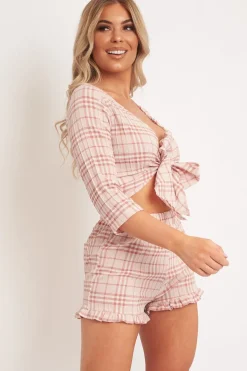 Rebellious Fashion Light Pink Checked Crop Top and Frill Shorts - Vesa