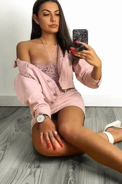 Rebellious Fashion Light Pink Denim Skirt and Jacket Co-ord - Viola