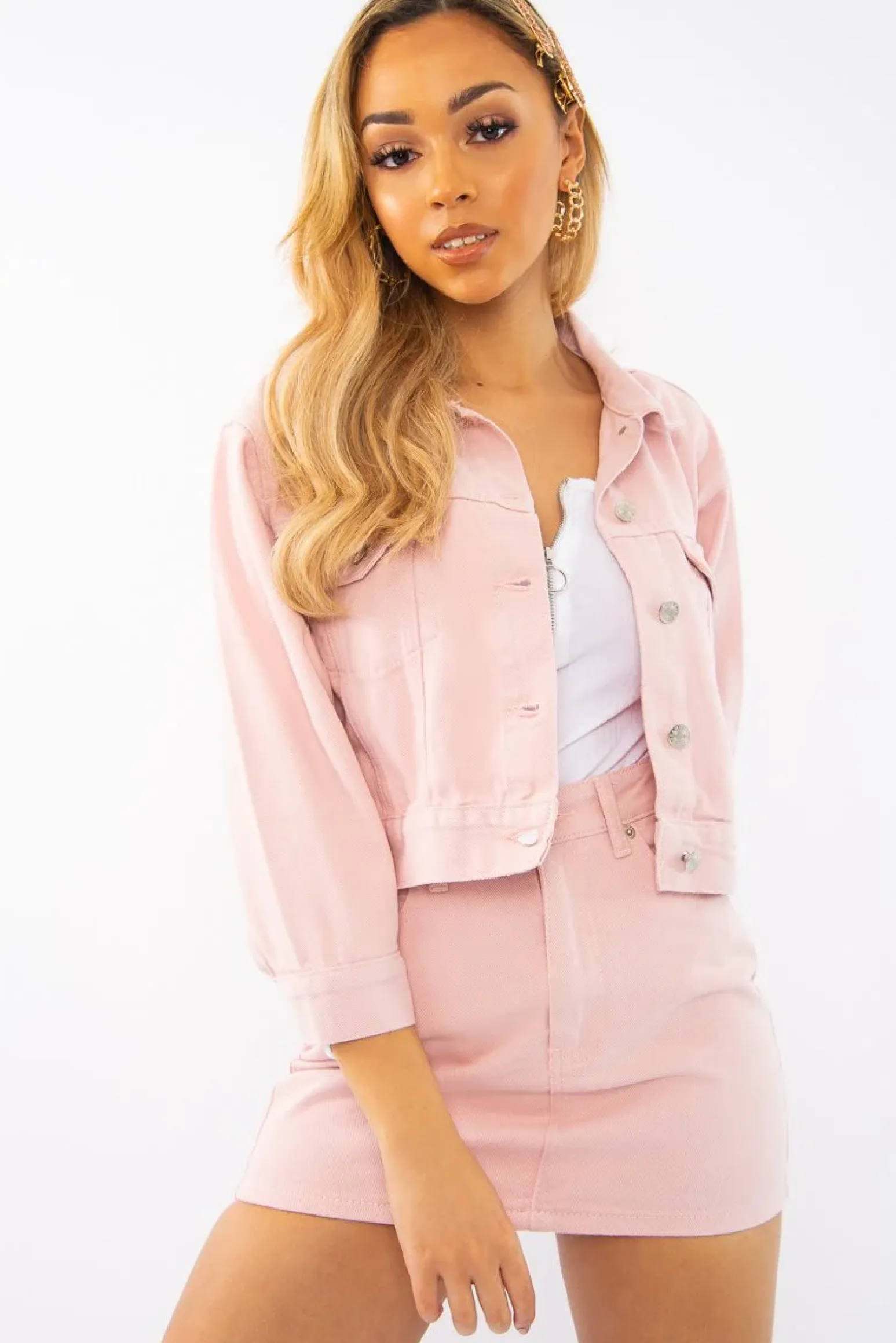 Rebellious Fashion Light Pink Denim Skirt and Jacket Co-ord - Viola