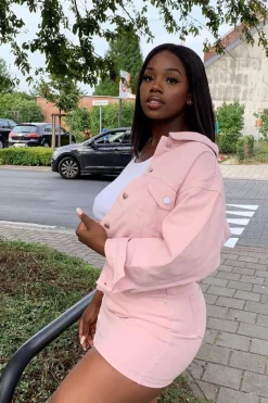 Rebellious Fashion Light Pink Denim Skirt and Jacket Co-ord - Viola